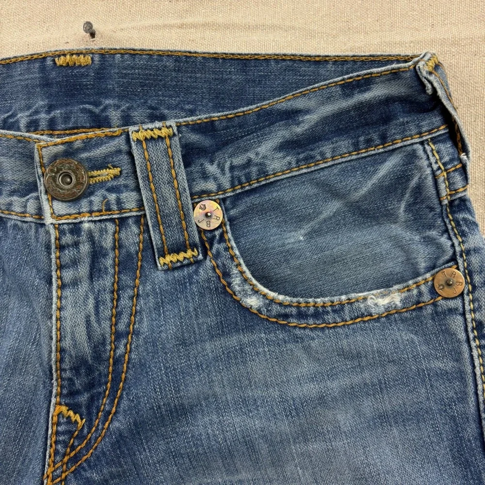 True Religion Joey Flare Jeans Mens 32 Blue Distressed Flap Pocket Horseshoe